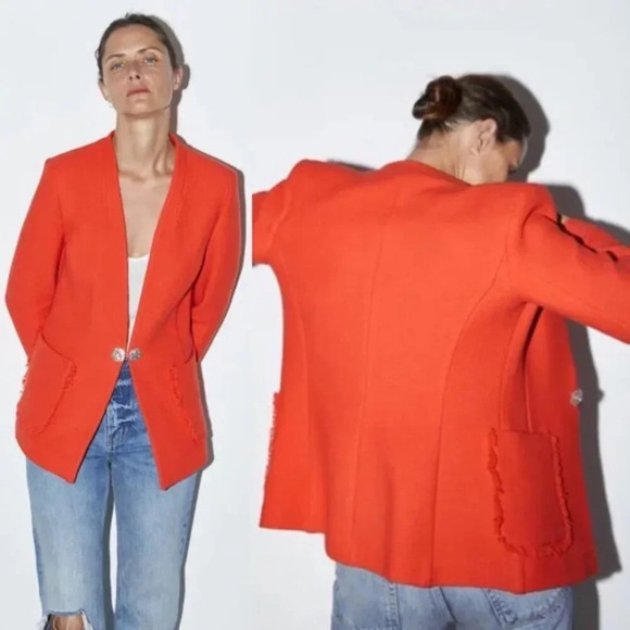 Zara Rhinestone  Jewel Button Blazer & Skirt Set Orange Size Medium Blogger Fav - Picture 2 of 16